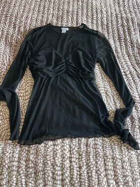Sheer Black Ruched Bust Long Sleeve Blouse